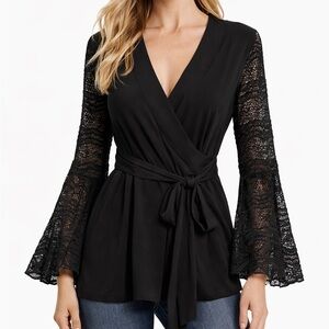 Bisou Bisou Black Lace Sleeve Wrap Top Tie Waist V Neck Blouse Medium Chic